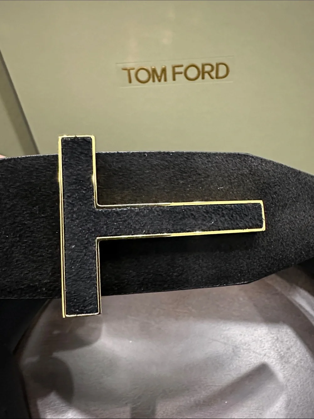 Tom Ford Black Suede Belt with Gold T Buckle